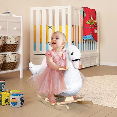 Qaba Kids Ride On Rocking Horse Plush Swan Style Toy with Music for Over 18 Months Children White and Pink