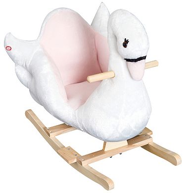 Qaba Kids Ride On Rocking Horse Plush Swan Style Toy with Music for Over 18 Months Children White and Pink