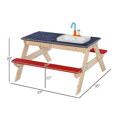 Outsunny Kids Picnic Table with Sandbox Kitchen Toys Faucet Water Pump 37" L x 35" W x 20" H