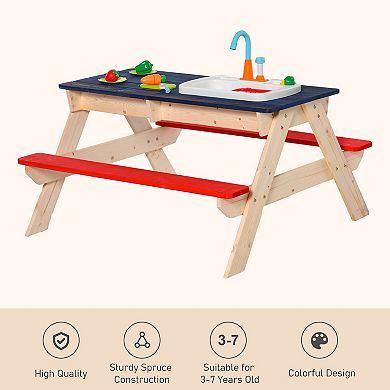 Outsunny Kids Picnic Table with Sandbox Kitchen Toys Faucet Water Pump 37" L x 35" W x 20" H