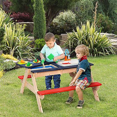 Outsunny Kids Picnic Table with Sandbox Kitchen Toys Faucet Water Pump 37" L x 35" W x 20" H