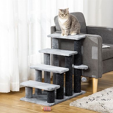 PawHut 4 Level Cat Stair Ladder Kitten Tree Climber with Hanging Play Ball Steps for Bed Sofa Light Grey