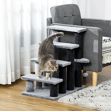 PawHut 4 Level Cat Stair Ladder Kitten Tree Climber with Hanging Play Ball Steps for Bed Sofa Light Grey