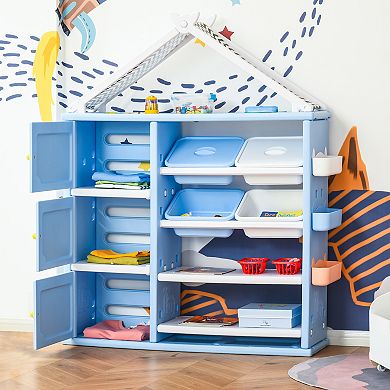Qaba Kids Toy Storage Organizer with 4 Bins Storage Cabinets Bookshelf and 4 Layers Toy Collection Shelves Blue