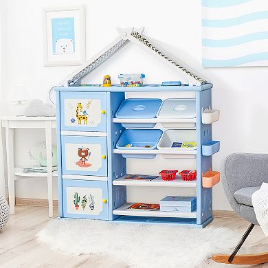 Qaba Kids Toy Storage Organizer with 4 Bins Storage Cabinets Bookshelf and 4 Layers Toy Collection Shelves Blue