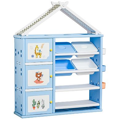 Qaba Kids Toy Storage Organizer with 4 Bins Storage Cabinets Bookshelf and 4 Layers Toy Collection Shelves Blue