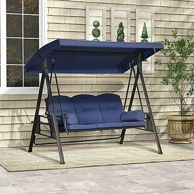Outsunny Outdoor Patio 3 Person Steel Canopy Cushioned Seat Bench Swing with Included Side Trays and Padded Comfort Beige