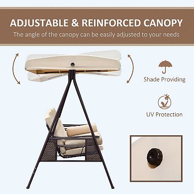 Outsunny Outdoor Patio 3 Person Steel Canopy Cushioned Seat Bench Swing with Included Side Trays and Padded Comfort Beige