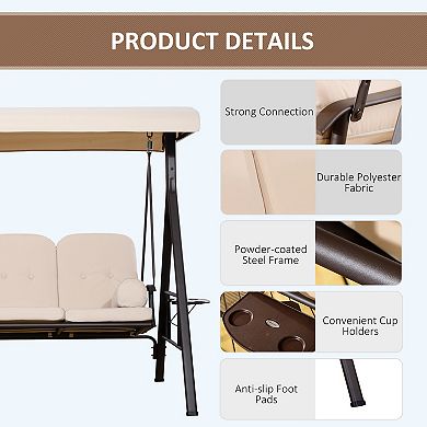 Outsunny Outdoor Patio 3 Person Steel Canopy Cushioned Seat Bench Swing with Included Side Trays and Padded Comfort Beige
