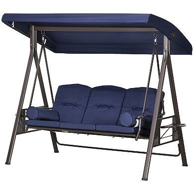 Outsunny Outdoor Patio 3 Person Steel Canopy Cushioned Seat Bench Swing with Included Side Trays and Padded Comfort Beige