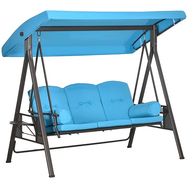 3-person Outdoor Canopy Patio Cushioned Bench Patio Glider Swing Seat, Beige - Blue