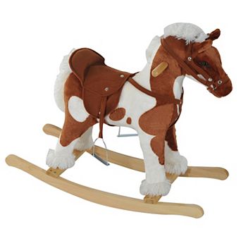 Qaba Kids Plush Ride On Toy Rocking Horse Toddler Plush Animal Rocker with Nursery Rhyme Music  Light Brown / White