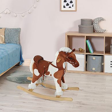 Qaba Kids Plush Ride On Toy Rocking Horse Toddler Plush Animal Rocker with Nursery Rhyme Music Light Brown / White