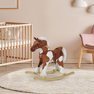 Qaba Kids Plush Ride On Toy Rocking Horse Toddler Plush Animal Rocker with Nursery Rhyme Music Light Brown / White