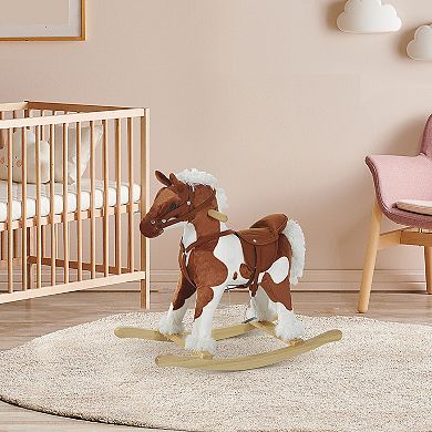 Qaba Kids Plush Ride On Toy Rocking Horse Toddler Plush Animal Rocker with Nursery Rhyme Music   Light Brown / White