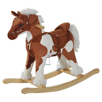 Qaba Kids Plush Ride On Toy Rocking Horse Toddler Plush Animal Rocker with Nursery Rhyme Music   Light Brown / White