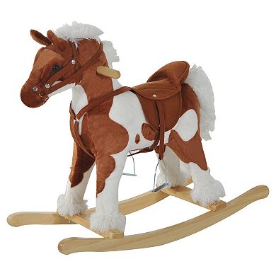 Qaba Kids Plush Ride On Toy Rocking Horse Toddler Plush Animal Rocker with Nursery Rhyme Music Light Brown / White