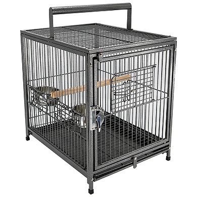 Travel Carrier For Birds W/ Wooden Perch, Stainless Steel Bowls, Tray, Black
