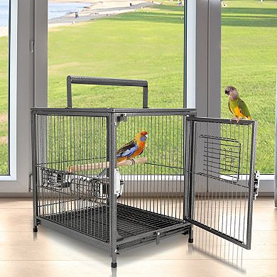 Travel Carrier For Birds W/ Wooden Perch, Stainless Steel Bowls, Tray, Black