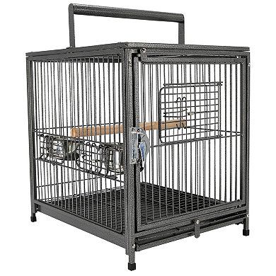 Travel Carrier For Birds W/ Wooden Perch, Stainless Steel Bowls, Tray, Black