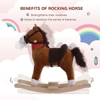 Qaba Kids Ride on Rocking Horse Plush Toy with Realistic Sounds and Red Scarf for Over 3 Years Old Birth Gift