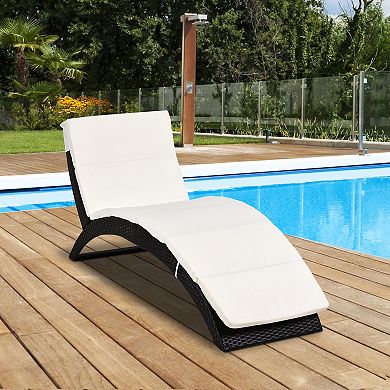 Folding Rattan Chaise Wicker Lounge Pool Patio Sofa Chair Cushioned Outdoor