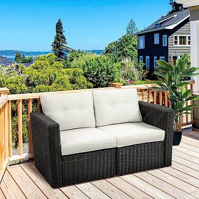 Outsunny 2 Pieces Patio Wicker Corner Sofa Set Outdoor Freely Combination PE Rattan Furniture W/ Curved Armrests and Padded Cushion for Balcony Garden Lawn Beige