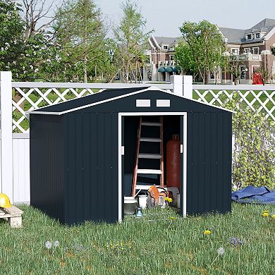 Outsunny 9' x 6' Outdoor Backyard Garden Tool Shed with Double Sliding Doors 4 Airy Vents and Durable Steel Dark Grey