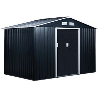 Outsunny 9' x 6' Outdoor Backyard Garden Tool Shed with Double Sliding Doors 4 Airy Vents and Durable Steel Dark Grey