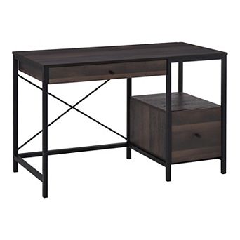 Freestanding Wood Grain Pc Desk With 2 Drawers And Open Shelving, Black/walnut