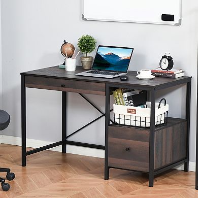 Freestanding Wood Grain Pc Desk With 2 Drawers And Open Shelving, Black/walnut