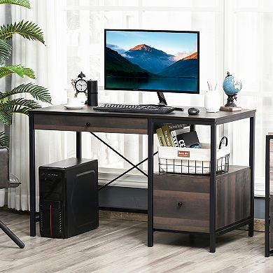 Freestanding Wood Grain Pc Desk With 2 Drawers And Open Shelving, Black/walnut