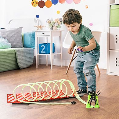 Qaba Track Builder Loop Kit Criss Cross Glowing Race Track Toy Set Spooky Spider Fun Starter Kit with Pull back Car for Kids 3 6 years old Lime Green