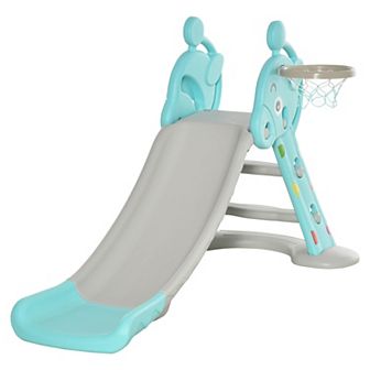Qaba 2 in 1 Kids Slide with Basketball Hoop Toddler Freestanding Slider Playset for Indoor/Outdoor Use Slipping Climber Playground Equipment Set Exercise Toy for 18 months 4 Years Deer Shaped Blue