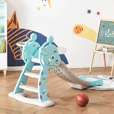 Qaba 2 in 1 Kids Slide with Basketball Hoop Toddler Freestanding Slider Playset for Indoor/Outdoor Use Slipping Climber Playground Equipment Set Exercise Toy for 18 months 4 Years Deer Shaped Blue