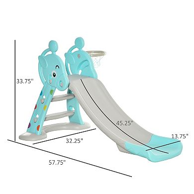 Qaba 2 in 1 Kids Slide with Basketball Hoop Toddler Freestanding Slider Playset for Indoor/Outdoor Use Slipping Climber Playground Equipment Set Exercise Toy for 18 months  4 Years Deer Shaped Blue