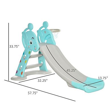 Qaba 2 in 1 Kids Slide with Basketball Hoop Toddler Freestanding Slider Playset for Indoor/Outdoor Use Slipping Climber Playground Equipment Set Exercise Toy for 18 months 4 Years Deer Shaped Blue