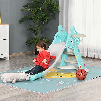 Qaba 2 in 1 Kids Slide with Basketball Hoop Toddler Freestanding Slider Playset for Indoor/Outdoor Use Slipping Climber Playground Equipment Set Exercise Toy for 18 months 4 Years Deer Shaped Blue