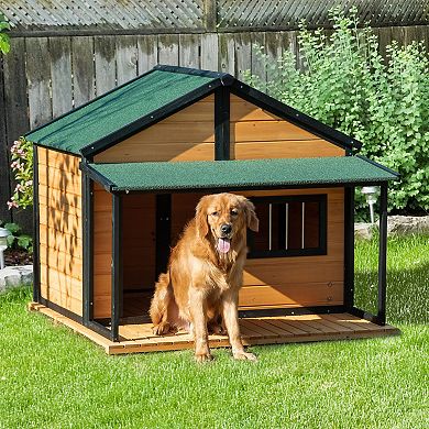 PawHut Outdoor Cabin Style House Wooden Raised Pet Kennel with Asphalt Roof Front Door Side Windows Deck for Medium/Large Dogs 53 Lbs. Yellow