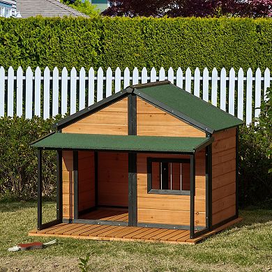 PawHut Outdoor Cabin Style House Wooden Raised Pet Kennel with Asphalt Roof Front Door Side Windows Deck for Medium/Large Dogs 53 Lbs. Yellow