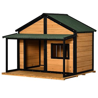 PawHut Outdoor Cabin Style House Wooden Raised Pet Kennel with Asphalt Roof Front Door Side Windows Deck for Medium/Large Dogs 53 Lbs. Yellow