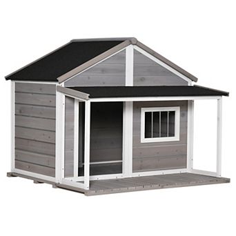 Outdoor Wooden Raised Cabin Dog House W/ Porch, Medium/large, 53 Lbs., Grey
