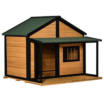 Outdoor Wooden Raised Cabin Dog House W/ Porch, Medium/large, 53 Lbs., Grey