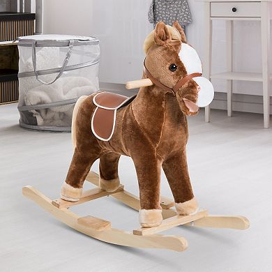 Qaba Kids Ride on Rocking Horse Toddler Plush Toy with Realistic Sounds for 3 Years Old Children Brown