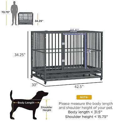 36" Steel Indoor Dog Crate Pet Kennel W/wheels & Locks, Medium/small Dogs, Grey