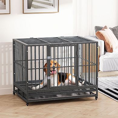 36" Steel Indoor Dog Crate Pet Kennel W/wheels & Locks, Medium/small Dogs, Grey