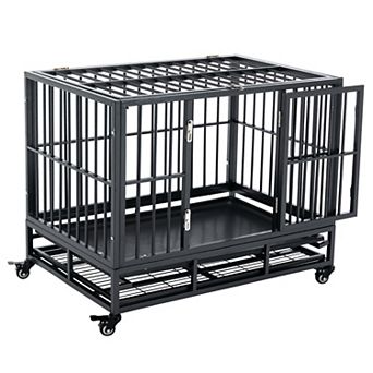 PawHut 36inch Heavy Duty Dog Crate Metal Cage Kennel with Lockable Wheels
