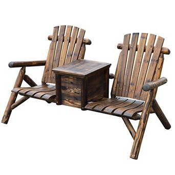 Outdoor Patio 2 Person Double Adirondack Wood Bench Chair Loveseat W/ Ice Bucket