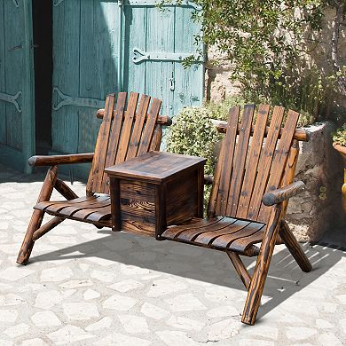 Outdoor Patio 2 Person Double Adirondack Wood Bench Chair Loveseat W/ Ice Bucket