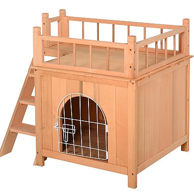 PawHut 2 Level Elevated Waterproof Outdoor Wooden Treehouse Cat Shelter With Balcony Natural Wood